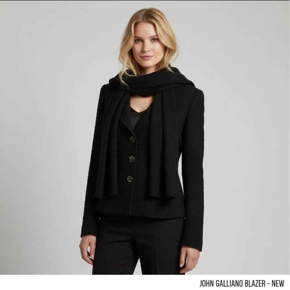 John Galliano Paris Wool Cropped Jacket - Women's - Attached Scarf Collar -